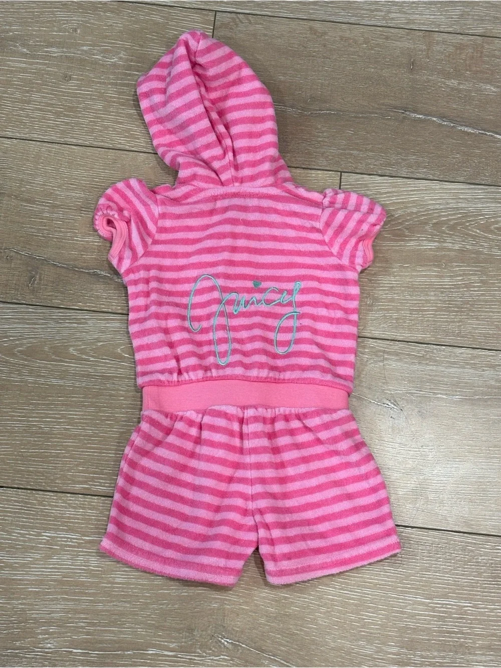 Juicy Couture Baby Girls Pink Terry Cloth Hooded Romper Cover-Up Striped 6-12M